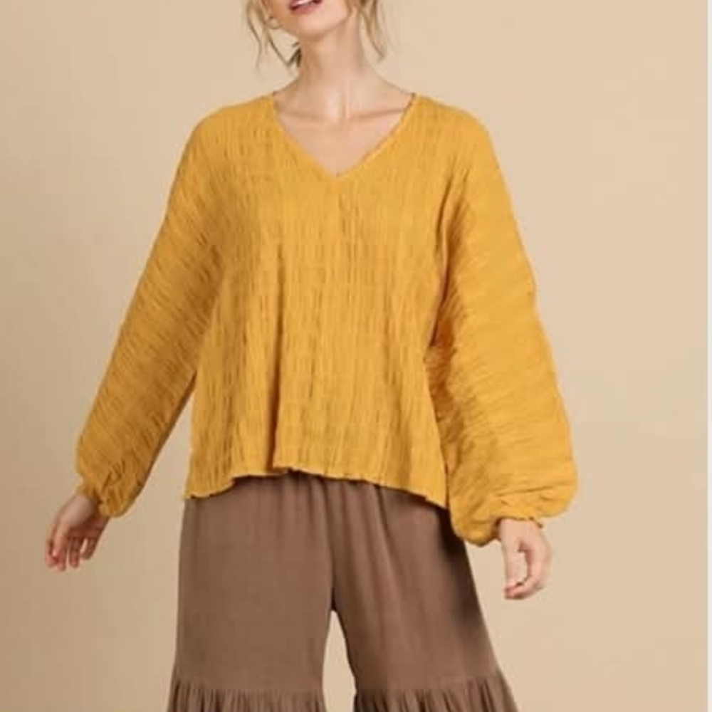 97%Cotton Yellow V-Neck Women's Boxy Boho Top Lagenlook Minimalist - Picture 1 of 8